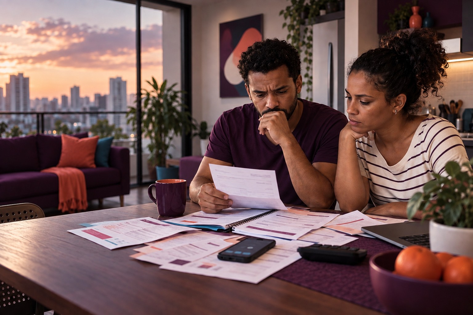 Casal analisa o orçamento doméstico diante dos impactos econômicos e sociais das bets.