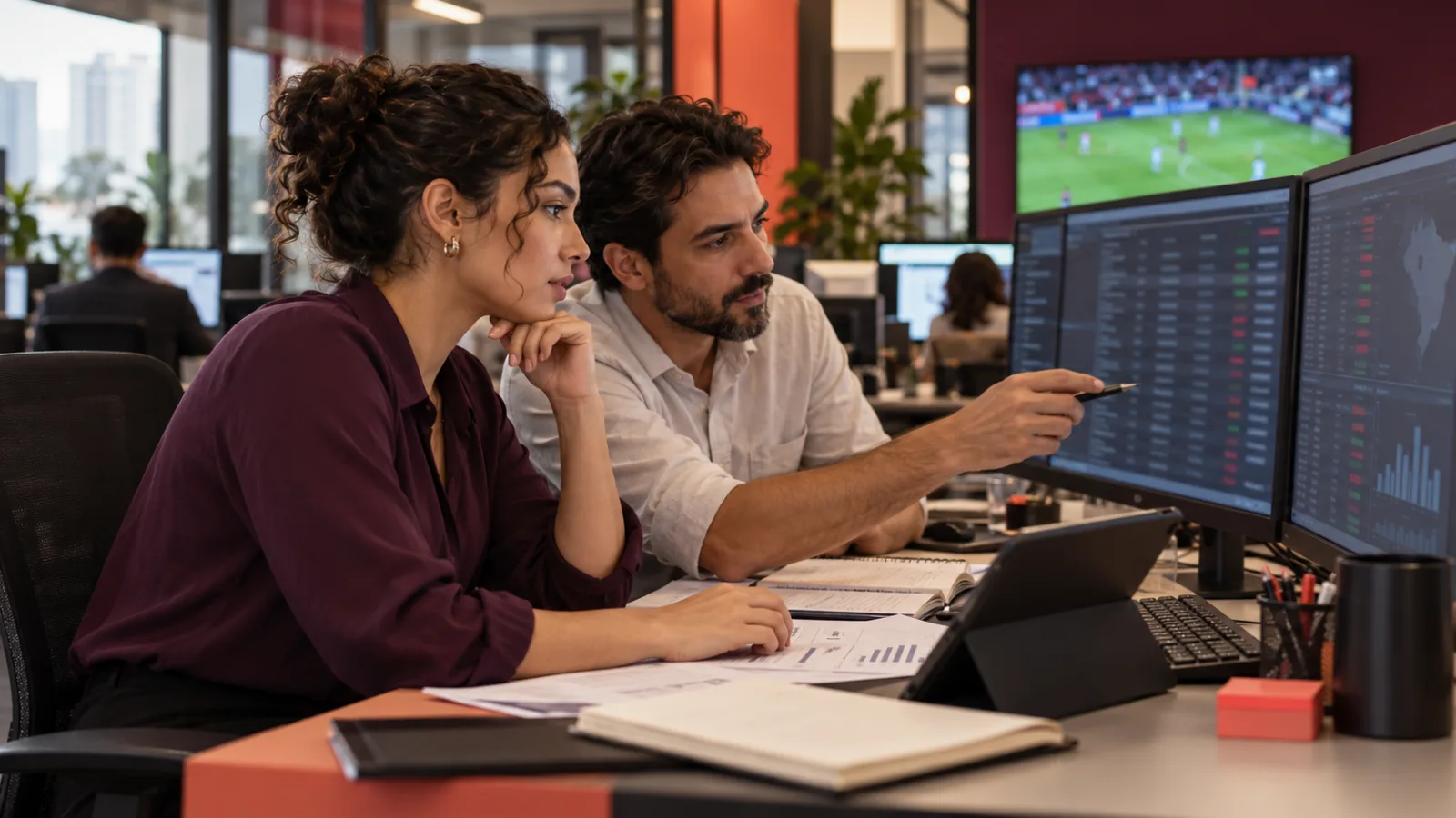 Dois profissionais analisam registros de transações em monitores de uma área de operações financeiras.